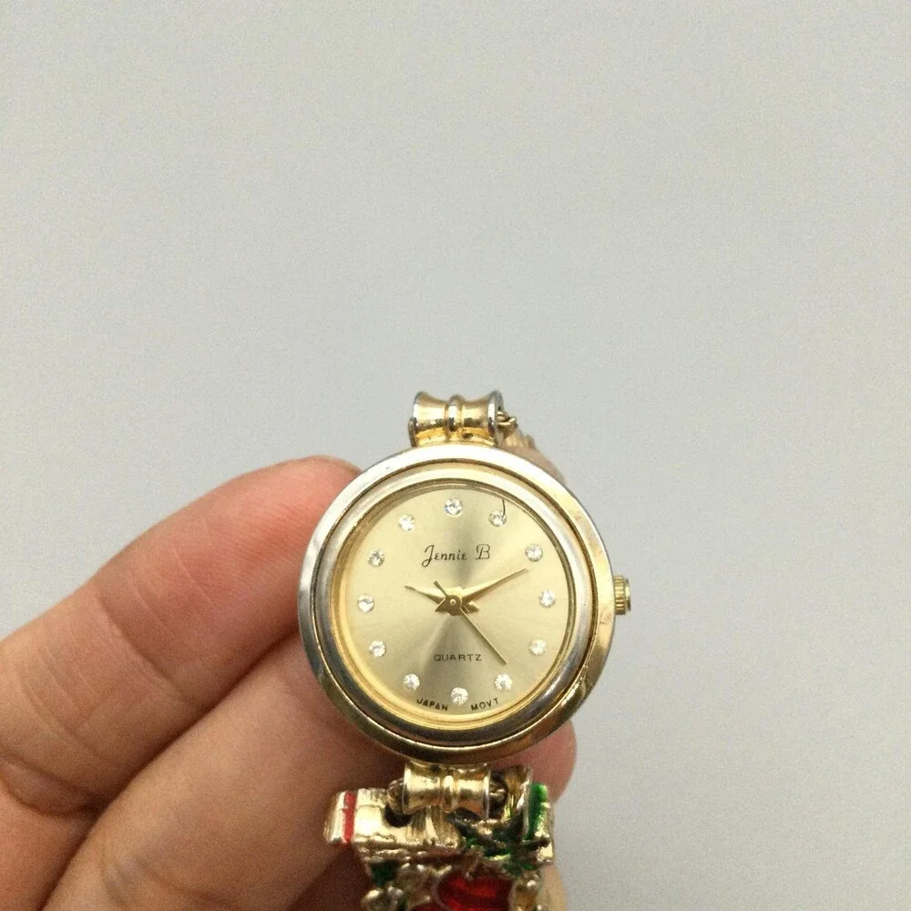 Jennie B Womens Watch 24mm Gold Tone Christmas Charms New Battery 7.75
